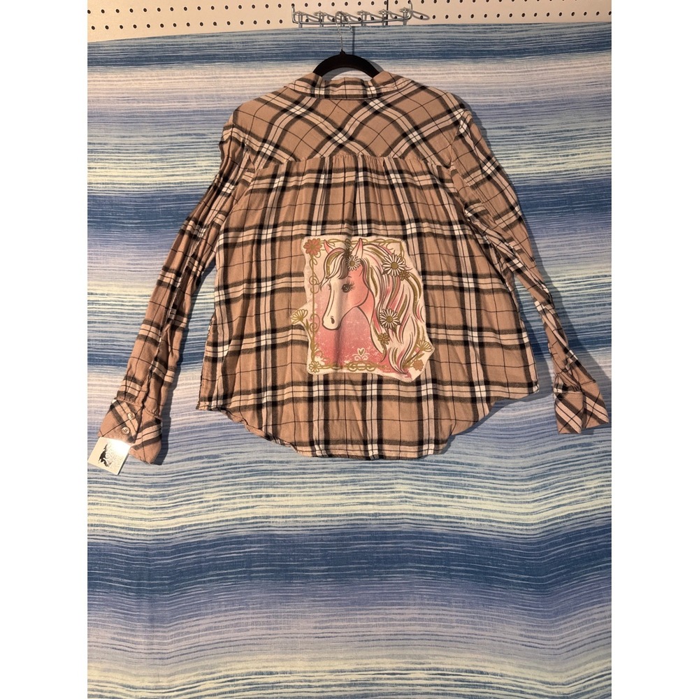 Upcycled Tan Plaid Flannel Retro Horse Floral Applique Womens Small One‎ of One